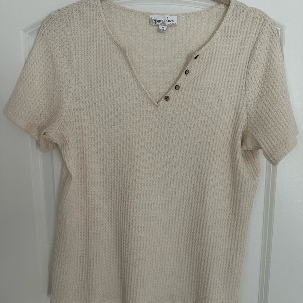 Grace & Lace Cream V-Neck Button Detail Waffle Top
